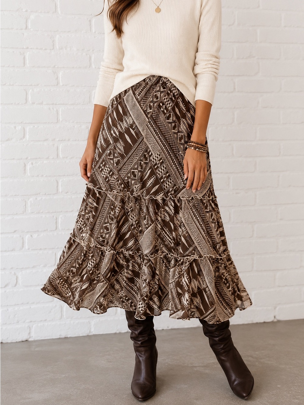 Alfred Dunner Brown Cream Tiered Boho Midi Skirt Polyester Petite 10P
